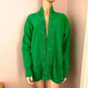 Shannan Fluffy Angora Beaded Green Cardigan Sweater Medium
